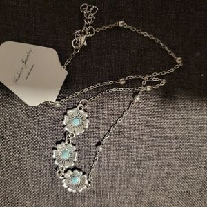 Silver Floral Necklace with Turquoise Accents - Fashion Jewelry